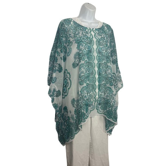 Womens Sheer Overlay Poncho Top Emerald Green Paisley Print - Picture 7 of 7